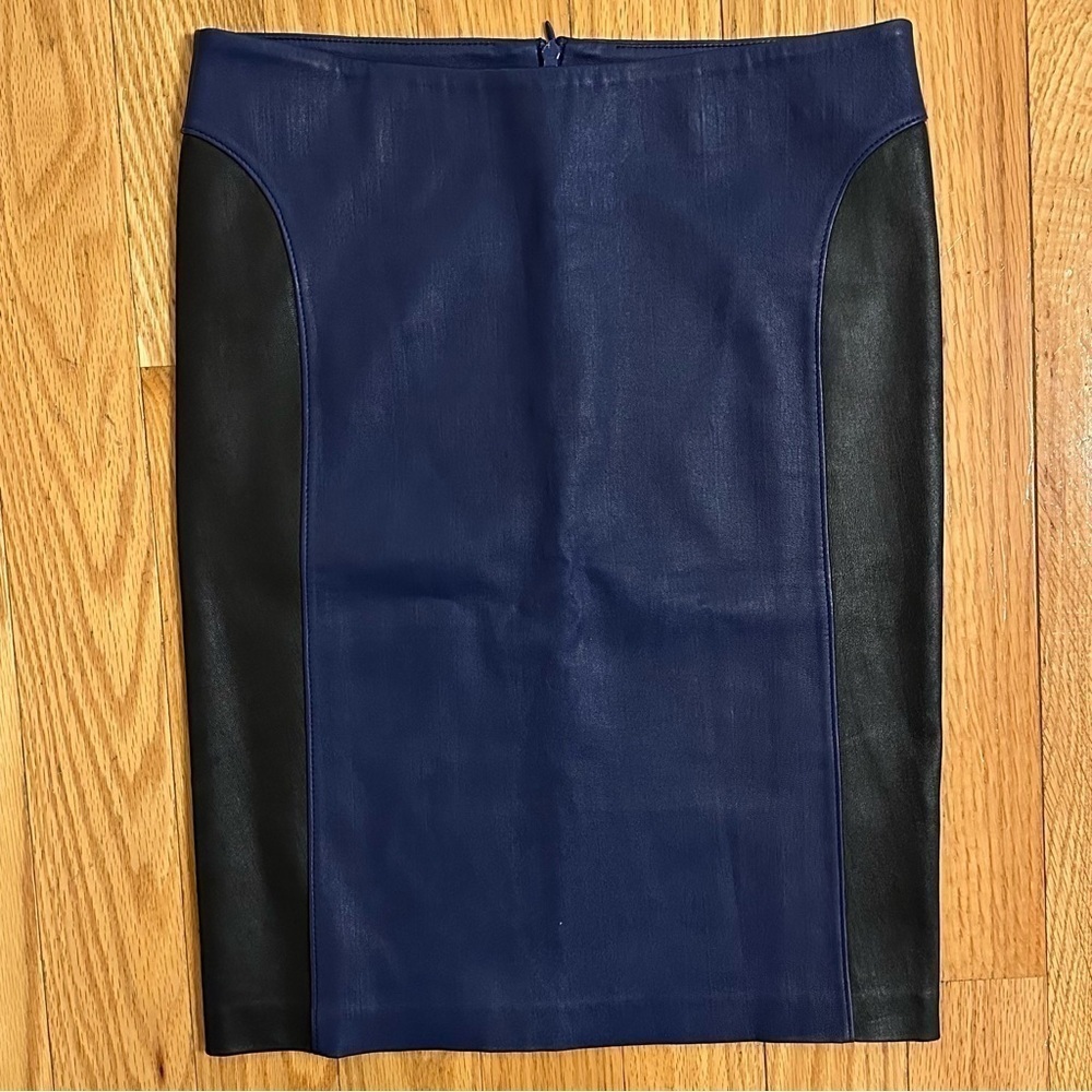 Monika Chiang Blue Black Leather High Rise Pencil Skirt Size XS 28” waist